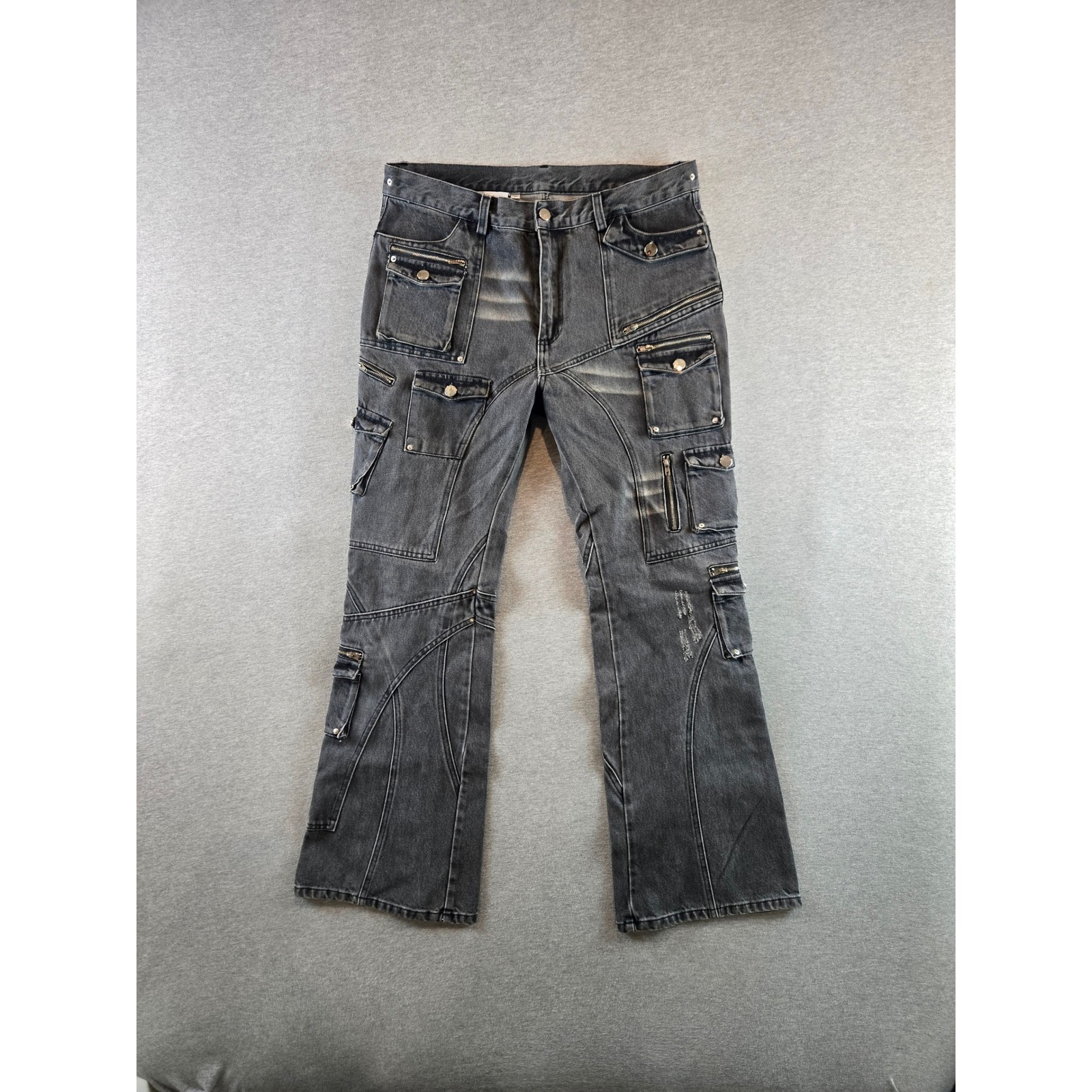Insain Worldwide Cargo Jeans Mens L 34w Washed Black Streetwear Distressed Flare